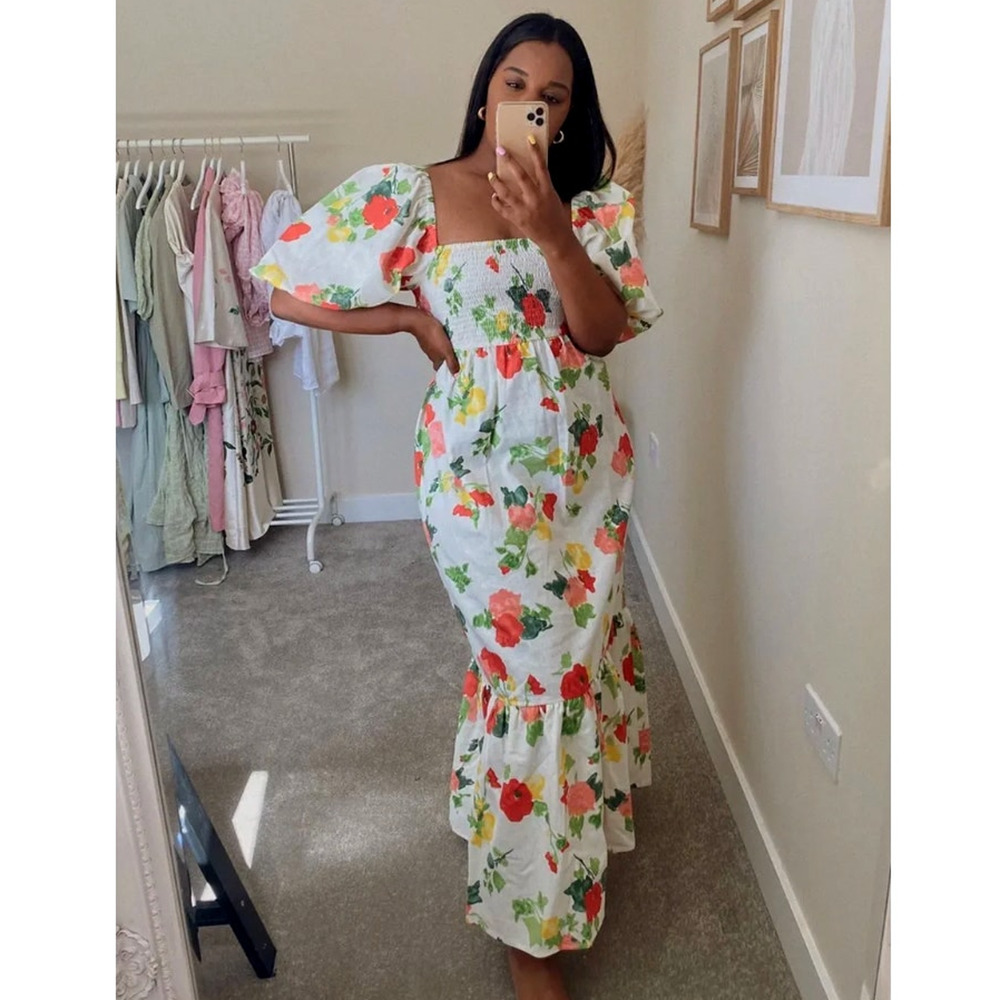 Sezane 4 Carlotta Linen Puff Sleeve Maxi Dress $450 Floral Poppy Square Neck 36 - Picture 5 of 13